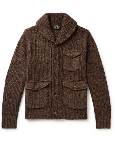 RRL Shawl-collar Suede-trimmed Ribbed Wool - Brown