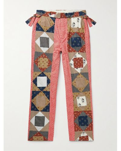 Bode Pantaloni a gamba dritta in cotone stampato patchwork - Rosso