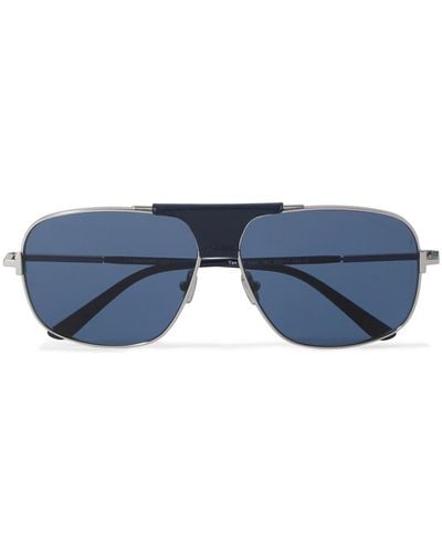 Tom Ford Tex Aviator-style Leather-trimmed Silver-tone Sunglasses - Blue