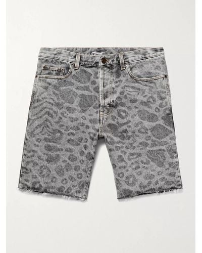 Saint Laurent Frayed Printed Denim Shorts - Grey