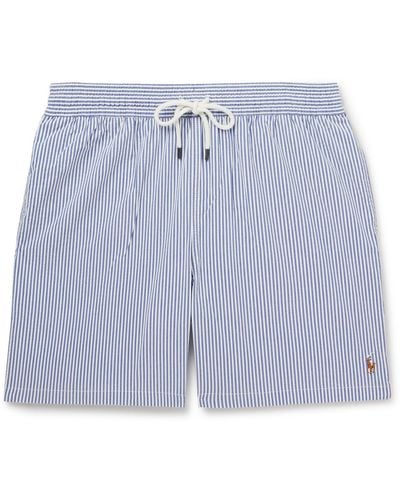 Polo Ralph Lauren Mid-length Straight-leg Striped Cotton-blend Seersucker Swim Shorts - Blue
