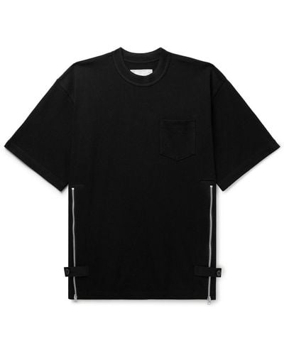 Sacai Grosgrain-trimmed Button And Zip-detailed Cotton-jersey T-shirt - Black