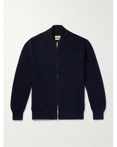 De Bonne Facture Ribbed Organic Cotton Zip-up Sweater - Blue