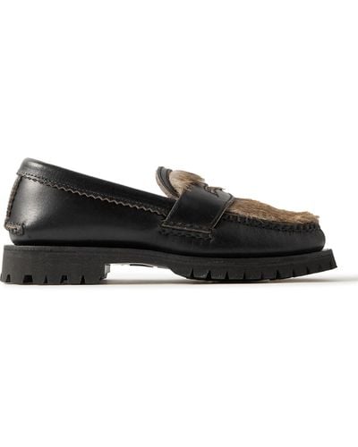 Yuketen Leather And Faux Fur Penny Loafers - Black