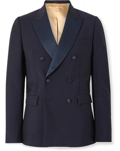 Paul Smith Slim-fit Double-breasted Satin-trimmed Wool And Mohair-blend Tuxedo Jacket - Blue