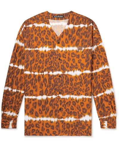 Acne Studios Sandit Leopard-print Herringbone Organic Cotton-blend Shirt - Brown