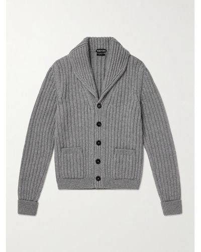Tom Ford Shawl-collar Ribbed Wool And Cashmere-blend Cardigan - Grey