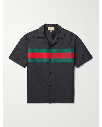 Gucci Camp-collar Logo-jacquard Twill-trimmed Satin Shirt - Black