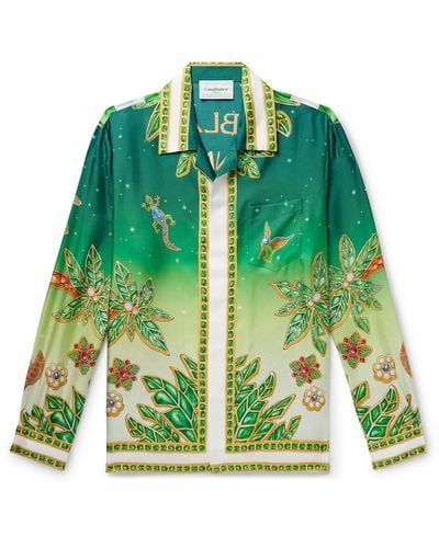 Casablancabrand Joyaux D'afrique Convertible-collar Logo-print Silk-twill Shirt - Green