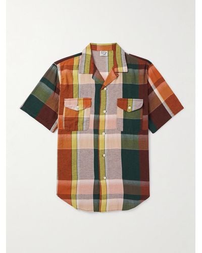 Orslow Kariertes Hemd aus einer Baumwoll-Leinenmischung mit wandelbarem Kragen - Braun