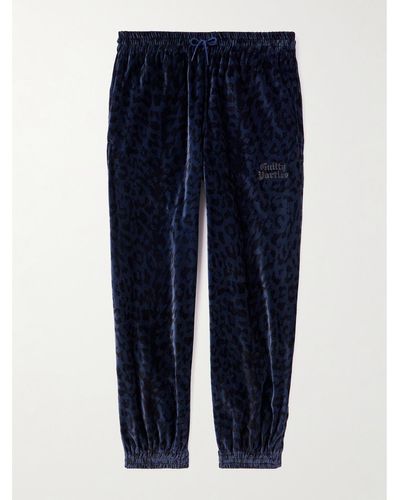 Wacko Maria Straight-leg Embroidered Leopard-print Cotton-velvet Sweatpants - Blue