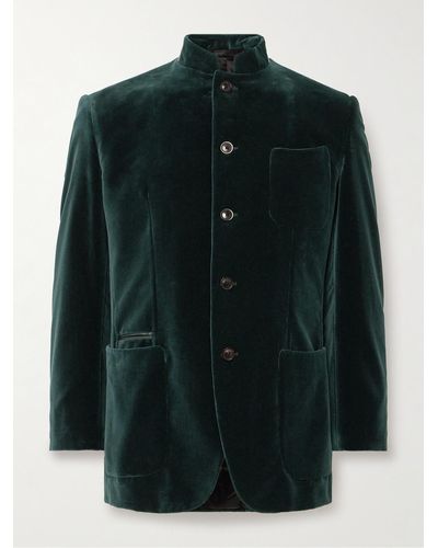 James Purdey & Sons Estate Mandarin-collar Leather-trimmed Cotton-velvet Tuxedo Jacket - Green