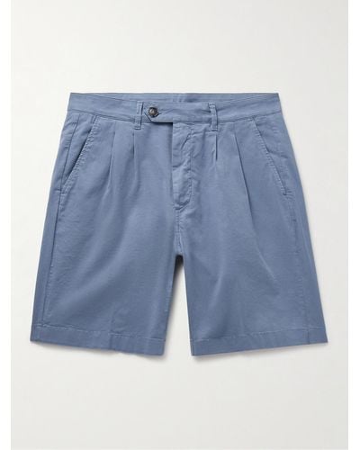 Canali Straight-leg Pleated Cotton-blend Twill Bermuda Shorts - Blue