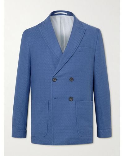 Oliver Spencer Slim-fit Unstructured Double-breasted Linen And Cotton-blend Suit Jacket - Blue