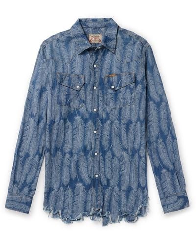 Kapital Magpie Distressed Denim-jacquard Western Shirt - Blue