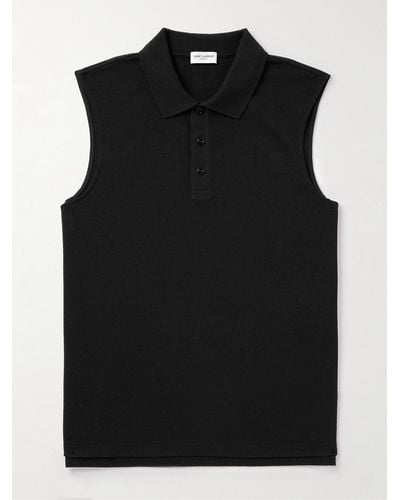 Saint Laurent Sleeveless Cotton-blend Piqué Polo Shirt - Black