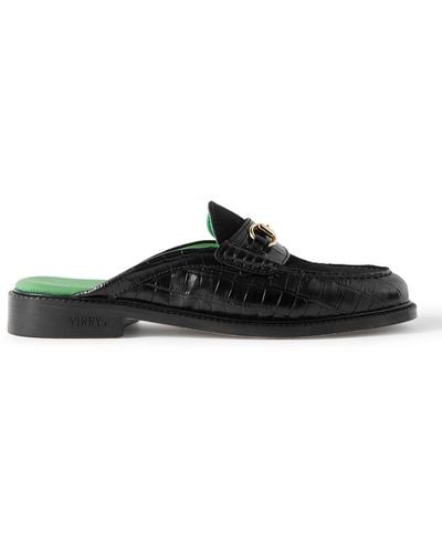 VINNY'S Suede-trimmed Croc-effect Leather Backless Loafers - Black