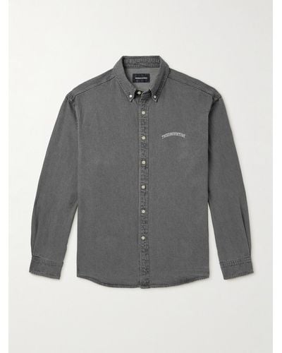 thisisneverthat Button-down Collar Logo-embroidered Denim Shirt - Grey