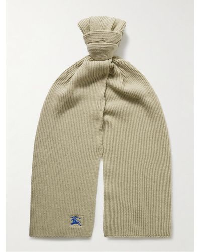 Burberry Logo-embroidered Ribbed Cashmere Scarf - White