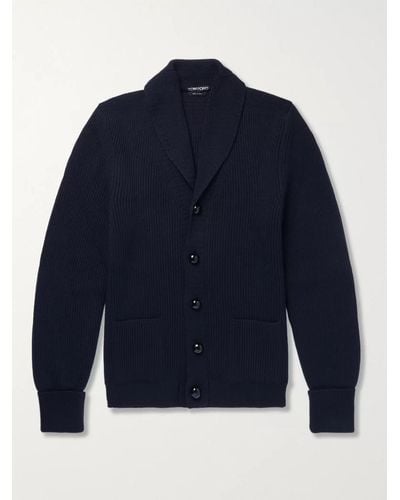 Tom Ford Cardigan in lana a costine con collo a scialle - Blu