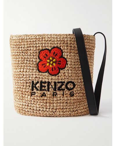 KENZO Large Embroidered Leather-trimmed Raffia Messenger Bag - Brown