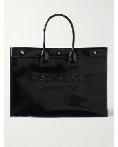 Saint Laurent Rive Gauche Logo-embossed Glossed-leather Tote Bag - Black