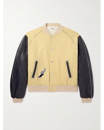 Wales Bonner Sky Leather-trimmed Cotton And Linen-blend Varsity Jacket - Natural