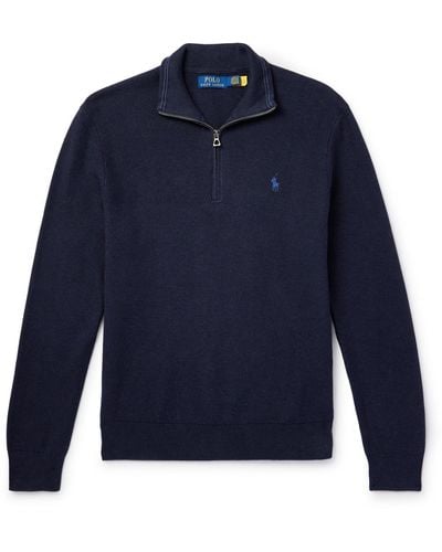 Polo Ralph Lauren Logo-embroidered Honeycomb-knit Cotton Sweater - Blue