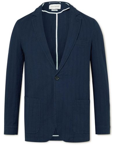 Oliver Spencer Fairway Slim-fit Unstructured Striped Linen And Cotton-blend Blazer - Blue