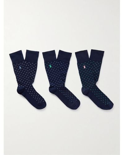 Polo Ralph Lauren Three-pack Logo-embroidered Polka-dot Cotton-blend Socks - Blue