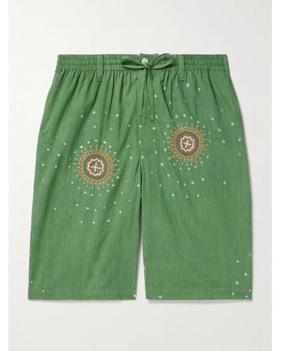 Kardo Straight-leg Embroidered Cotton Drawstring Shorts - Green