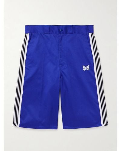 Needles Wide-leg Webbing-trimmed Logo-embroidered Cotton-blend Twill Shorts - Blue