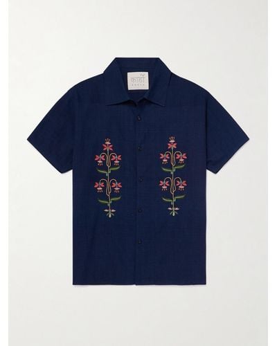 Kardo Chintan Convertible-collar Embroidered Cotton Shirt - Blue