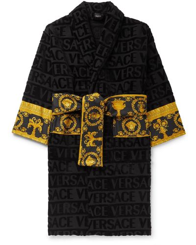 Versace Logo Toweling Baroque Bathrobe - Black
