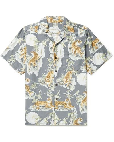 Go Barefoot Tiger Faded Camp-collar Printed Cotton Shirt - Blue
