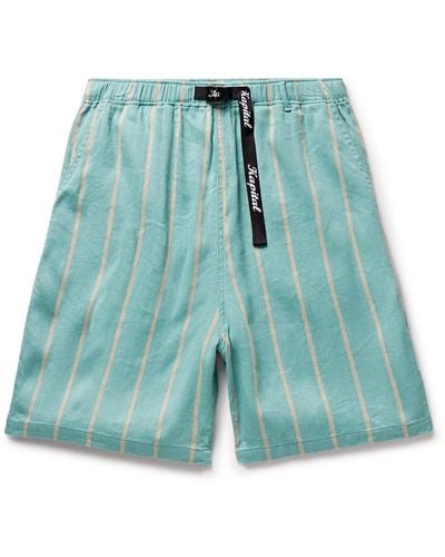 Kapital Phillies Straight-leg Striped Belted Linen And Cotton-blend Shorts - Blue