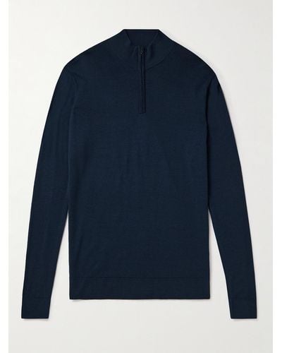Sunspel Pullover slim-fit in lana con mezza zip - Blu