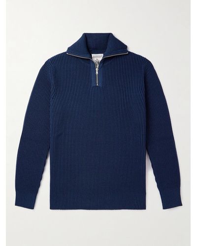 S.N.S. Herning Pullover in lana merino a coste con mezza zip Fender - Blu