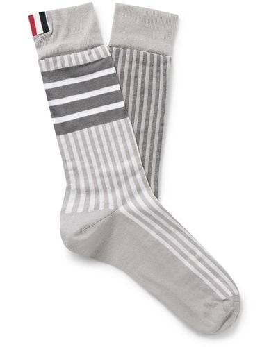 Thom Browne Fun Mix Grosgrain-trimmed Striped Cotton-blend Socks - Gray