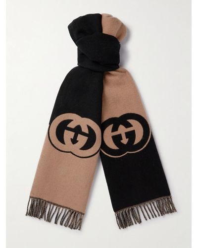 Gucci Fringed Logo-jacquard Wool And Cashmere-blend Scarf - Black