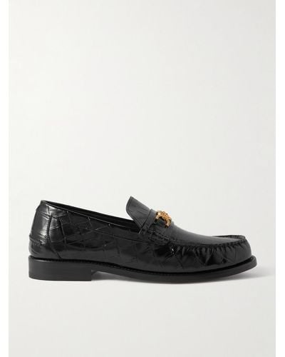 Versace Horsebit-embellished Croc-effect Patent-leather Loafers - Black