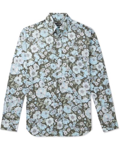 Tom Ford Button-down Collar Floral-print Lyocell Shirt - Blue