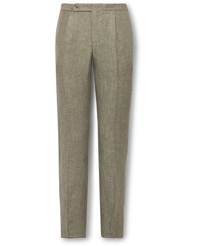 De Petrillo Straight-leg Pleated Herringbone Linen Suit Pants - Green