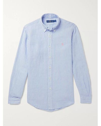 Polo Ralph Lauren Camicia in lino a righe con collo button-down - Blu