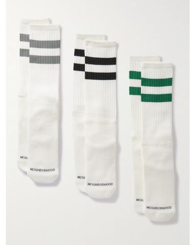 Neighborhood Three-pack Logo-embroidered Striped Cotton-blend Socks - White