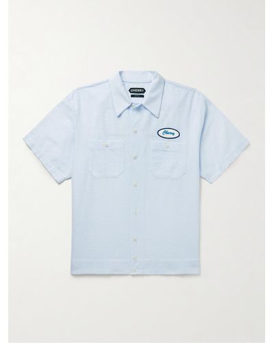CHERRY LA Logo-appliquéd Cotton-blend Seersucker Shirt - Blue