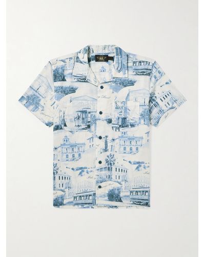 RRL Camp-collar Printed Linen And Cotton-blend Shirt - Blue