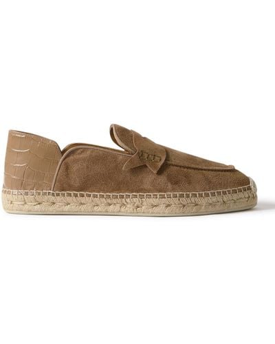 Christian Louboutin Paquepapa Collapsible-heel Croc-effect Leather-trimmed Suede Espadrilles - Brown