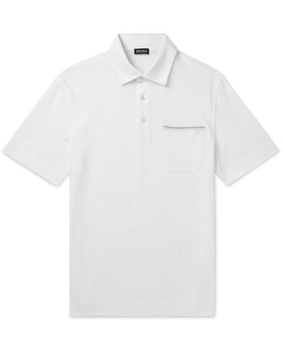 ZEGNA Leather-trimmed Cotton-piqué Polo Shirt - White