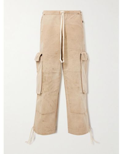 Greg Lauren Wide-leg Distressed Cotton-canvas Drawstring Cargo Trousers - Natural